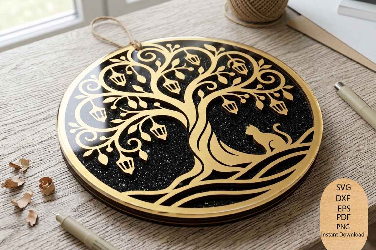 Tree of Life Cat Laser Cut SVG, Cat Lover Wood Wall Art, Animal Cut File