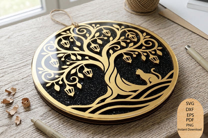 Tree of Life Cat Laser Cut SVG, Cat Lover Wood Wall Art, Animal Cut File