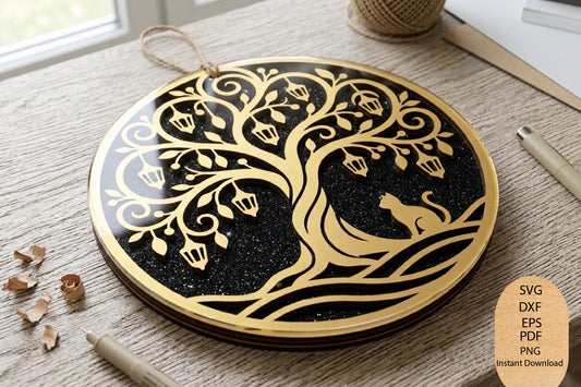 Tree of Life Cat Laser Cut SVG, Cat Lover Wood Wall Art, Animal Cut File