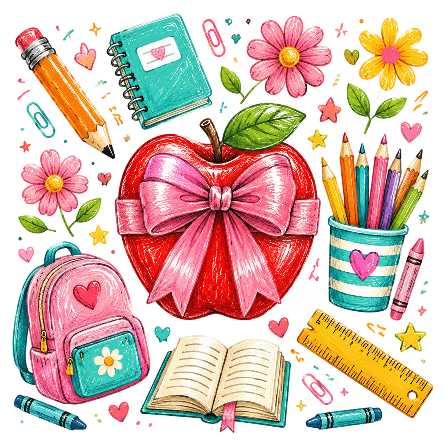 Trendy Back to School Apple PNG Cute School Supplies Sublimation