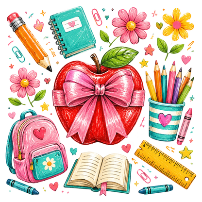Trendy Back to School Apple PNG Cute School Supplies Sublimation