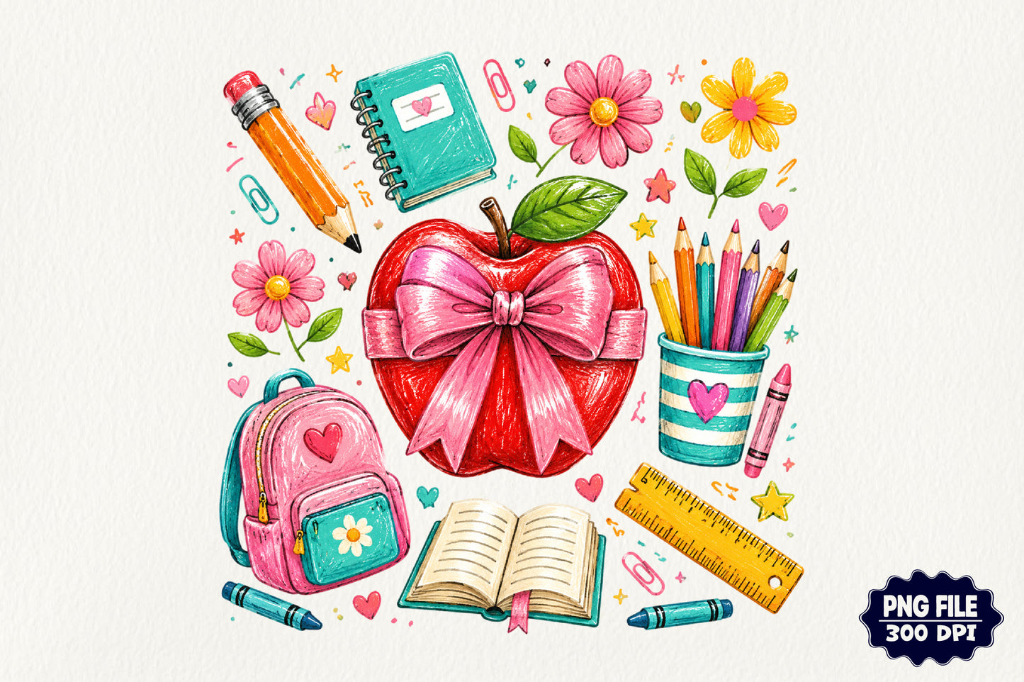 Trendy Back to School Apple PNG Cute School Supplies Sublimation