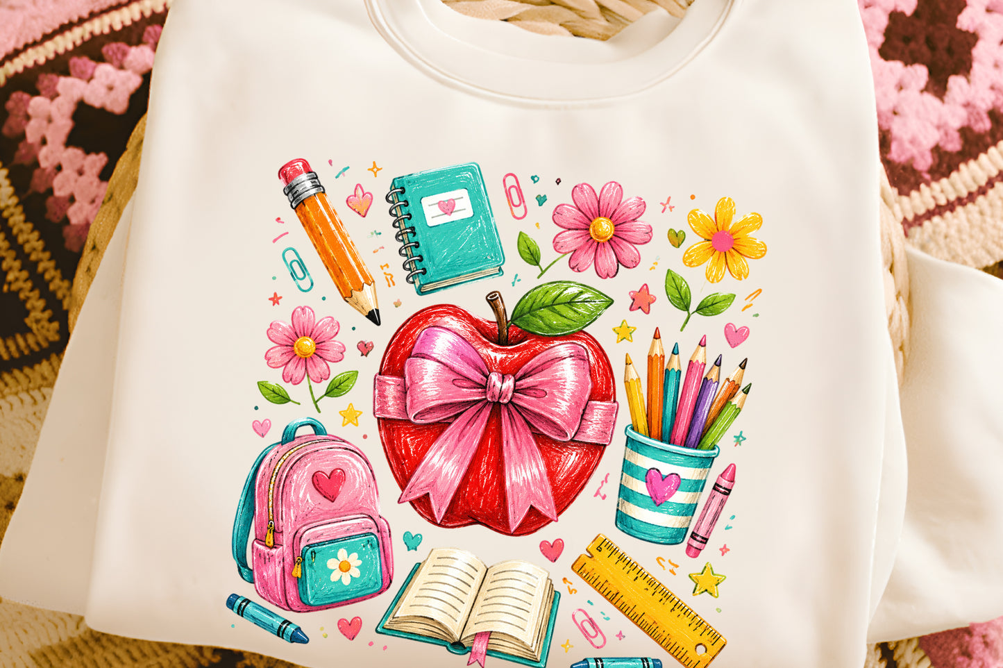 Trendy Back to School Apple PNG Cute School Supplies Sublimation