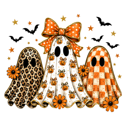 Leopard Checker Ghost PNG | Halloween Pumpkin Bow Ghost Clipart | Preppy Fall Spooky Sublimation Design