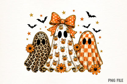 Leopard Checker Ghost PNG | Halloween Pumpkin Bow Ghost Clipart | Preppy Fall Spooky Sublimation Design