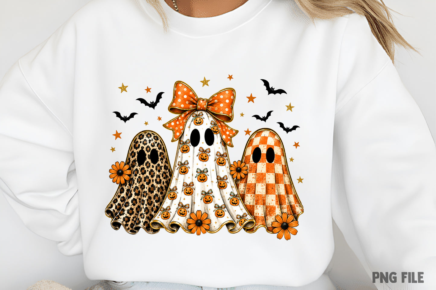 Leopard Checker Ghost PNG | Halloween Pumpkin Bow Ghost Clipart | Preppy Fall Spooky Sublimation Design