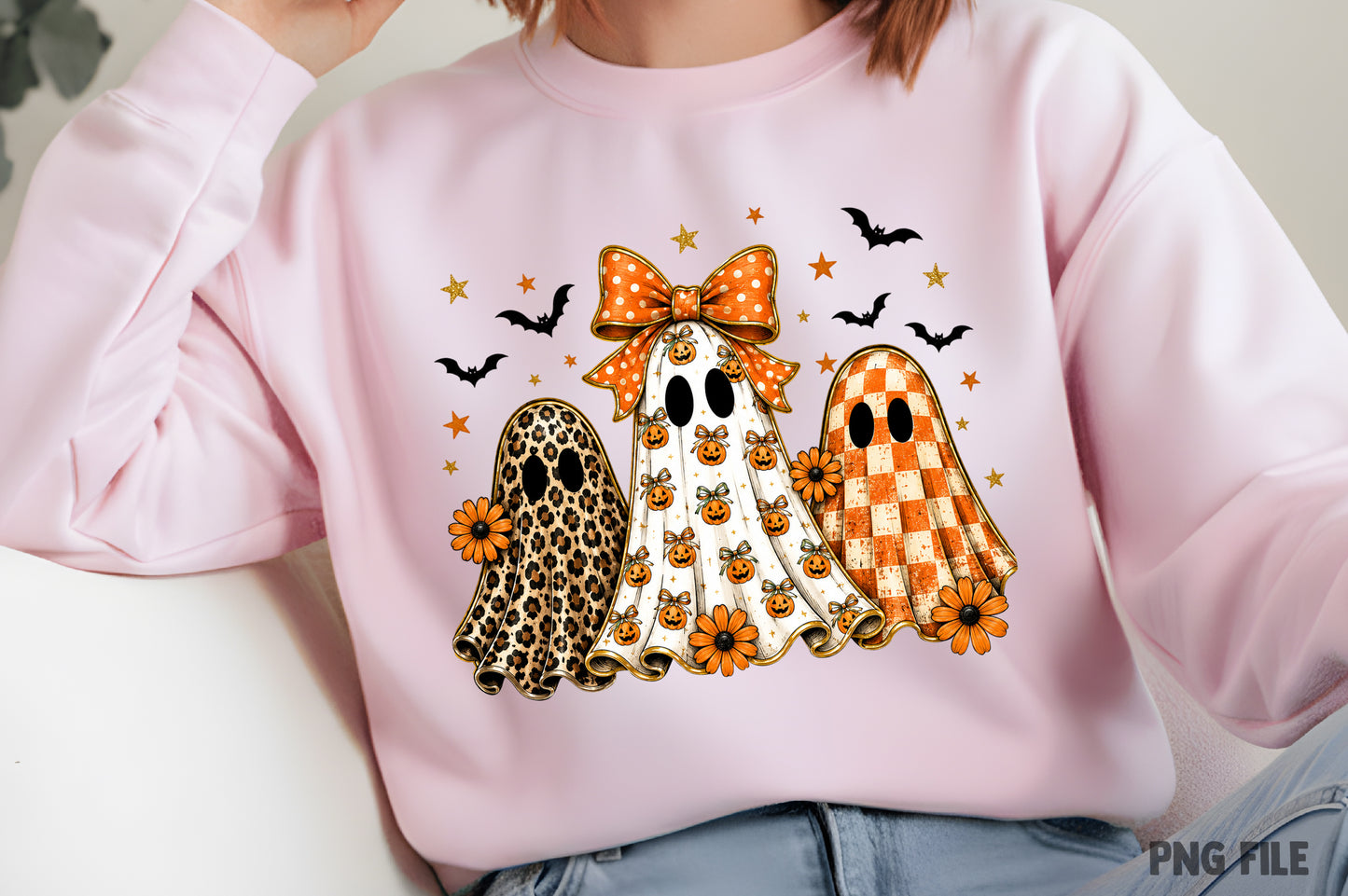 Leopard Checker Ghost PNG | Halloween Pumpkin Bow Ghost Clipart | Preppy Fall Spooky Sublimation Design