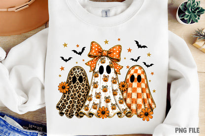 Leopard Checker Ghost PNG | Halloween Pumpkin Bow Ghost Clipart | Preppy Fall Spooky Sublimation Design