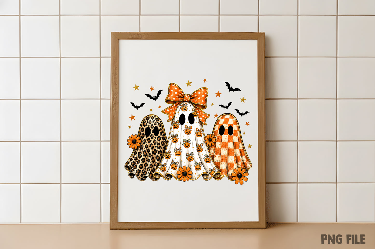 Leopard Checker Ghost PNG | Halloween Pumpkin Bow Ghost Clipart | Preppy Fall Spooky Sublimation Design