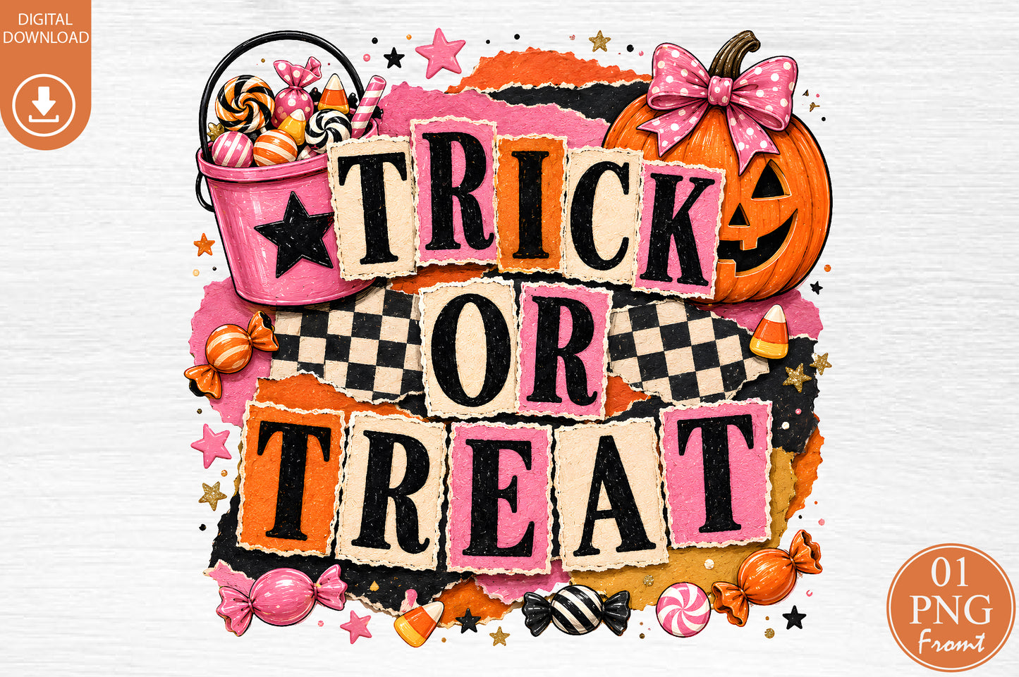 Trick Or Treat Halloween PNG Cute Pumpkin Candy Sublimation Design