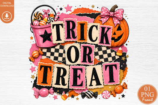 Trick Or Treat Halloween PNG Cute Pumpkin Candy Sublimation Design