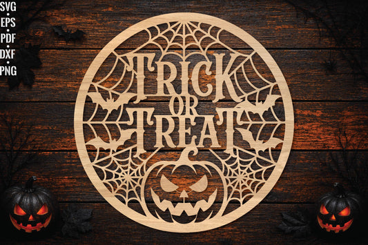 Trick or Treat Round Laser Cut SVG, Halloween Pumpkin Spider Web Cut File, Spooky Sign