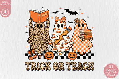 Trick or Teach Halloween PNG Leopard Teacher Ghost Sublimation Design