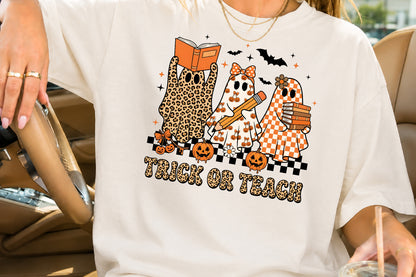 Trick or Teach Halloween PNG Leopard Teacher Ghost Sublimation Design