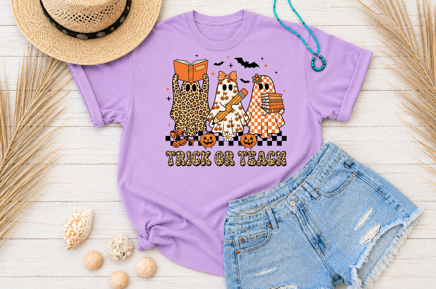 Trick or Teach Halloween PNG Leopard Teacher Ghost Sublimation Design