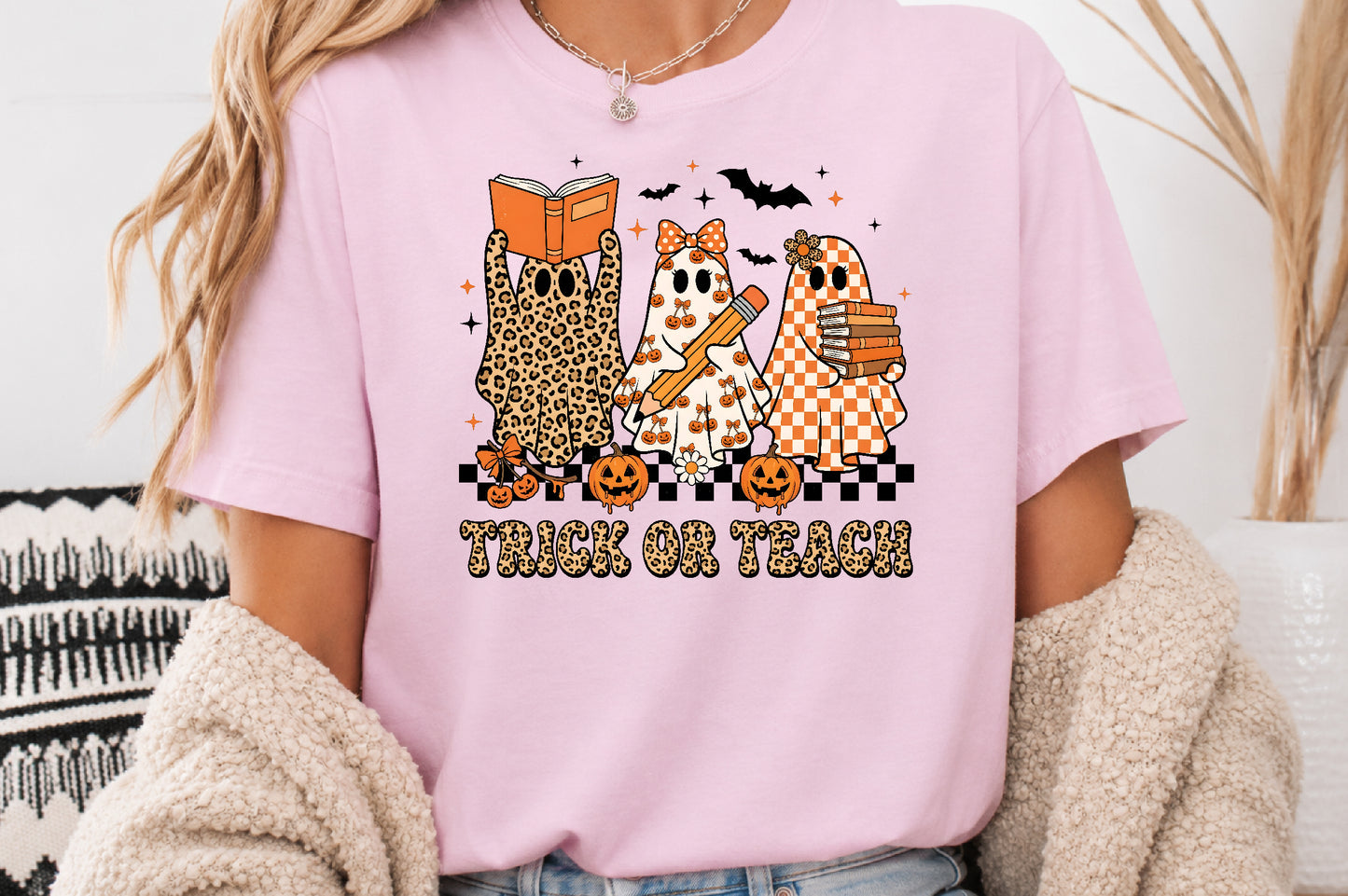 Trick or Teach Halloween PNG Leopard Teacher Ghost Sublimation Design