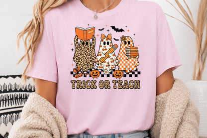 Trick or Teach Halloween PNG Leopard Teacher Ghost Sublimation Design