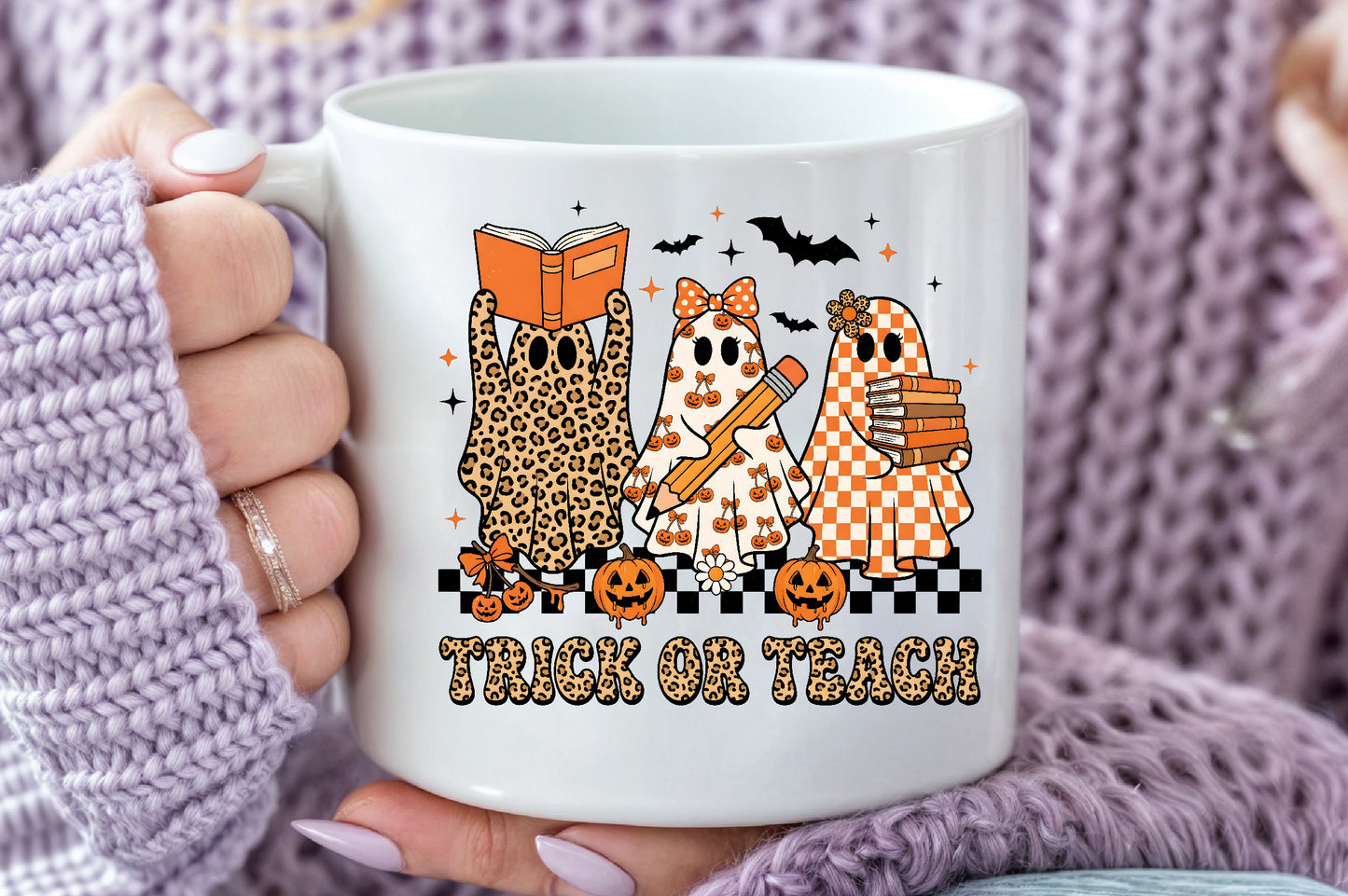Trick or Teach Halloween PNG Leopard Teacher Ghost Sublimation Design