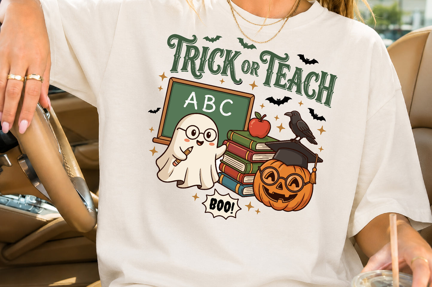 Trick or Teach Halloween PNG Cute Teacher Ghost Sublimation Design