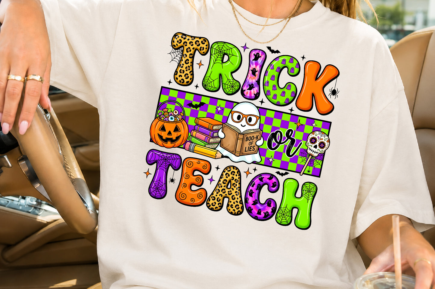 Trick or Teach Halloween PNG Cute Teacher Ghost Spooky School Sublimation Design
