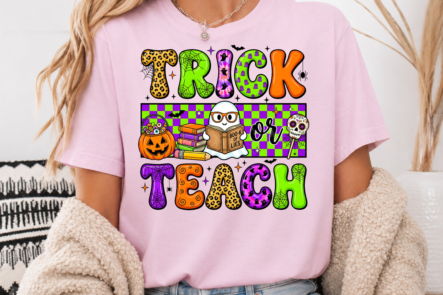 Trick or Teach Halloween PNG Cute Teacher Ghost Spooky School Sublimation Design