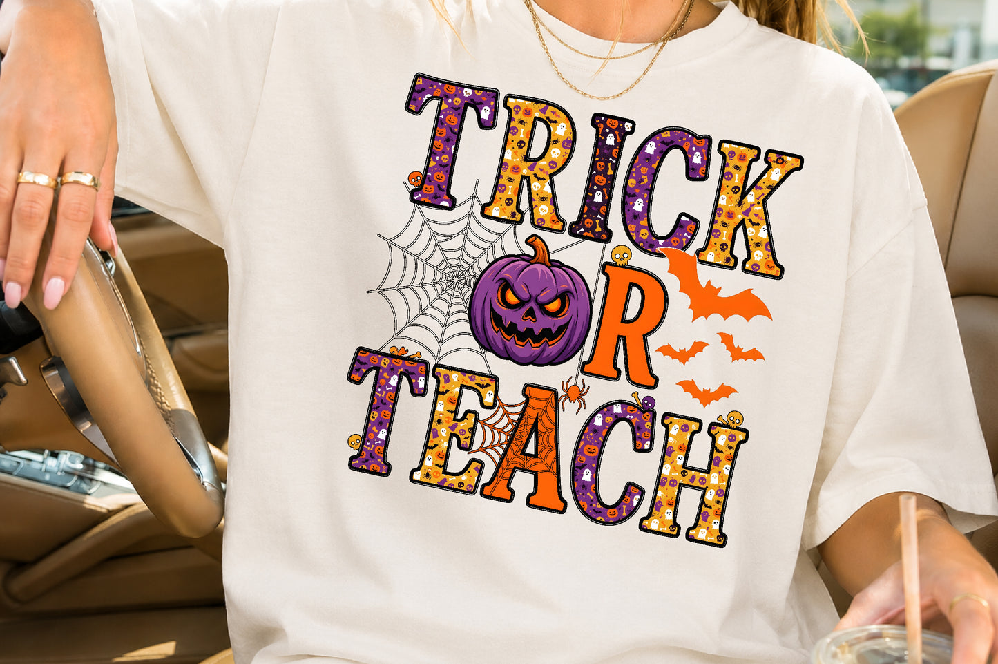 Trick or Teach Halloween PNG Purple Pumpkin Teacher Spooky School Sublimation Design