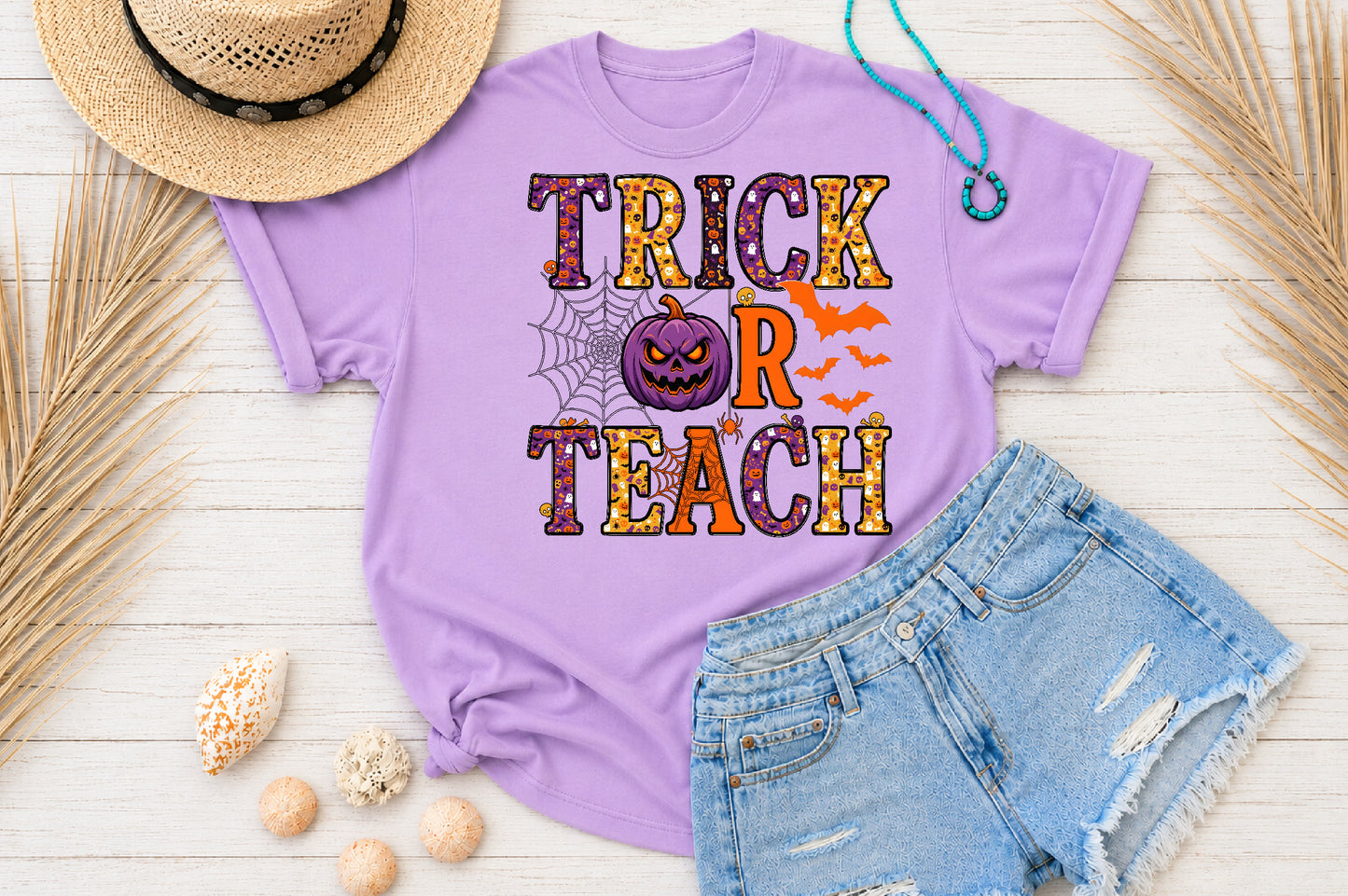 Trick or Teach Halloween PNG Purple Pumpkin Teacher Spooky School Sublimation Design