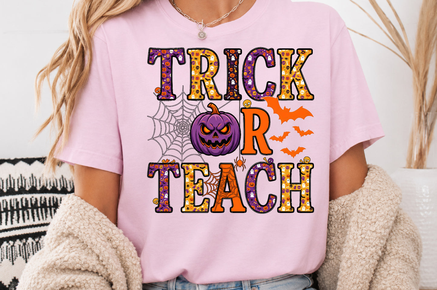 Trick or Teach Halloween PNG Purple Pumpkin Teacher Spooky School Sublimation Design