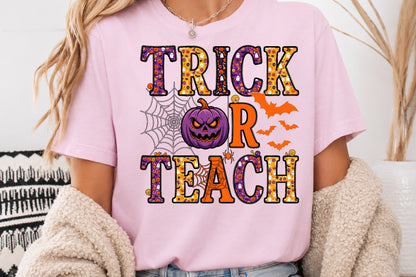 Trick or Teach Halloween PNG Purple Pumpkin Teacher Spooky School Sublimation Design