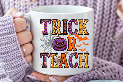 Trick or Teach Halloween PNG Purple Pumpkin Teacher Spooky School Sublimation Design