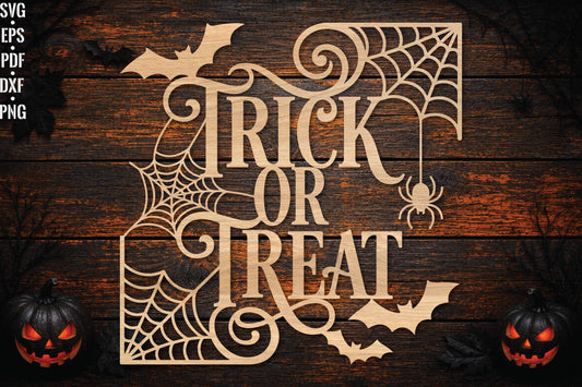 Trick or Treat Halloween Laser Cut SVG, Halloween Bat Spider Web Cut File, Spooky Door Sign