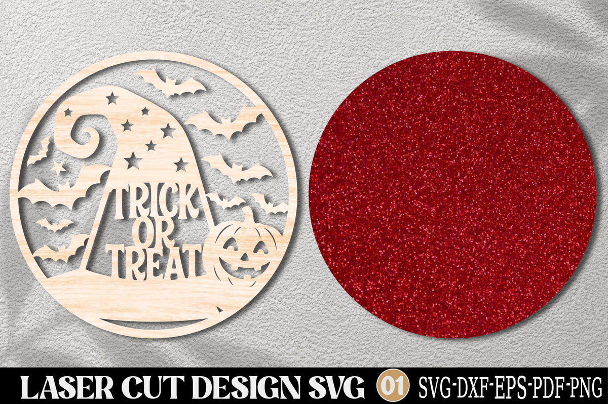 Trick or Treat Halloween Laser Cut SVG | Witch Hat Pumpkin Bat Design