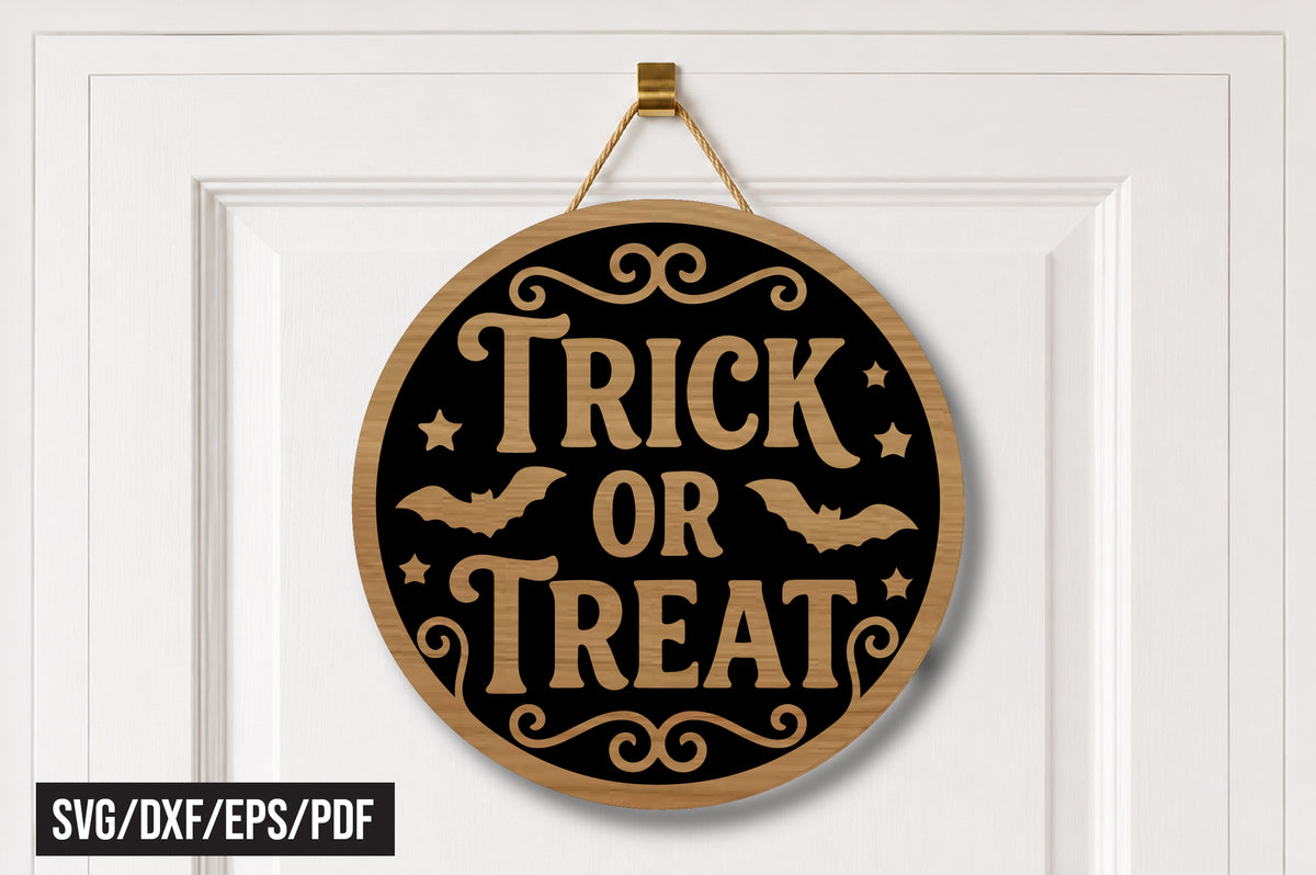 Trick or Treat SVG, Halloween Round Door Hanger Laser Cut File
