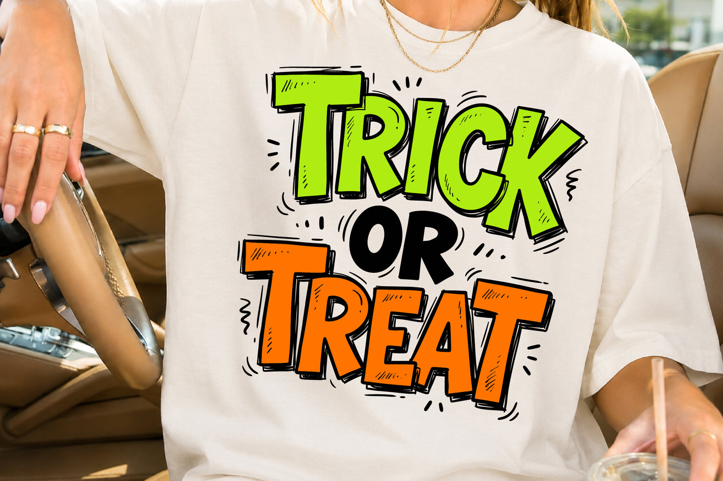 Trick or Treat PNG Funny Halloween Typography Neon Spooky Sublimation Design