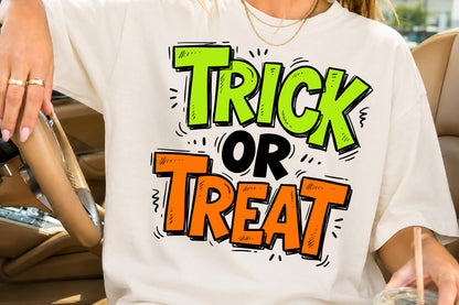 Trick or Treat PNG Funny Halloween Typography Neon Spooky Sublimation Design