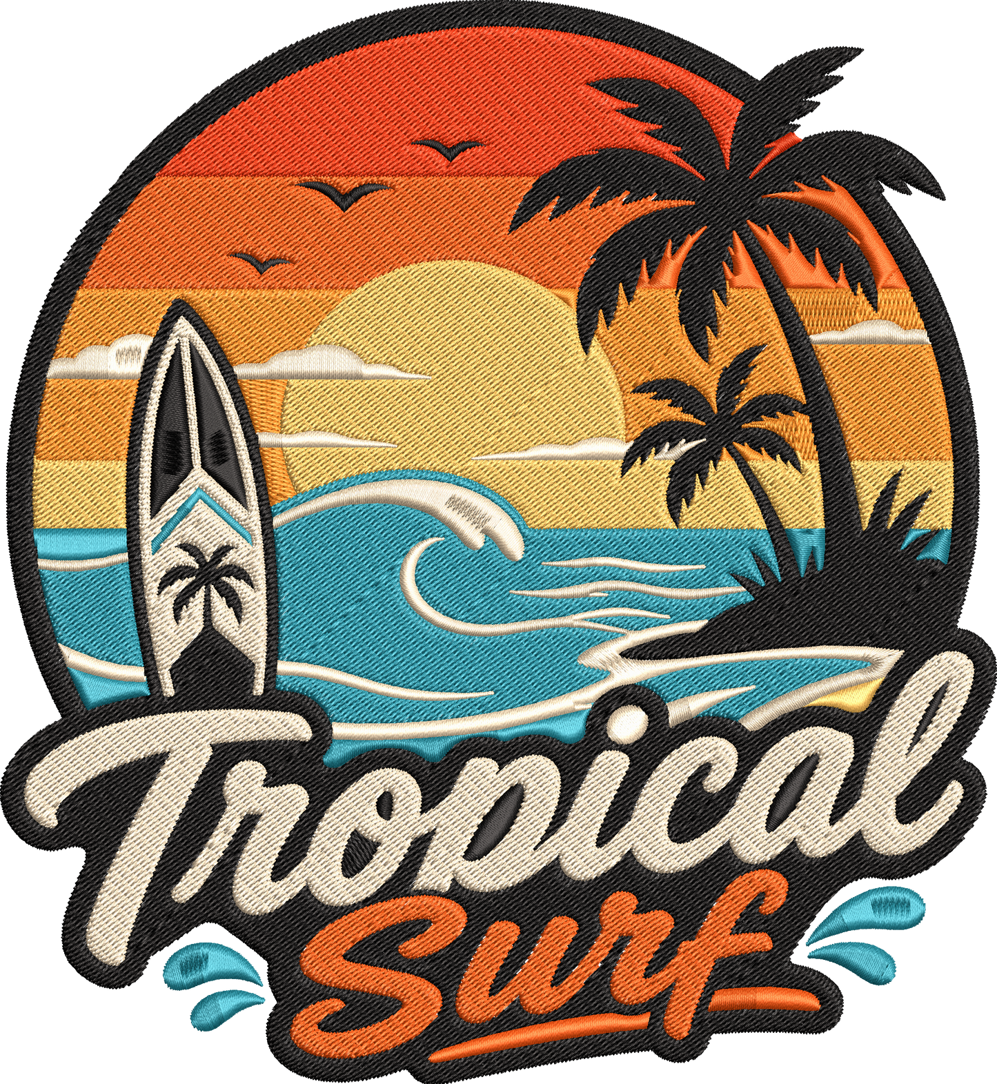 Tropical Surf Embroidery Design, Vintage Surfboard Machine Embroidery Pattern, Tropical Sunset Palm Trees Ocean Waves Surf Embroidery Design