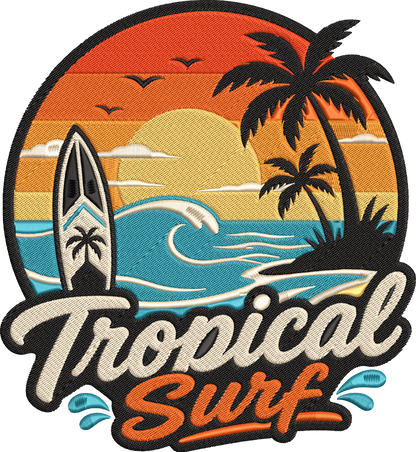 Tropical Surf Embroidery Design, Vintage Surfboard Machine Embroidery Pattern, Tropical Sunset Palm Trees Ocean Waves Surf Embroidery Design