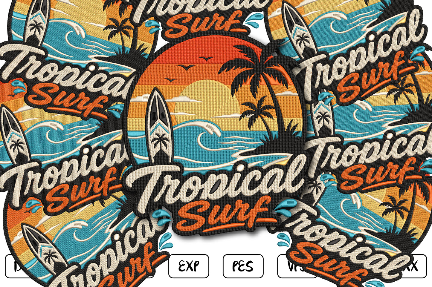 Tropical Surf Embroidery Design, Vintage Surfboard Machine Embroidery Pattern, Tropical Sunset Palm Trees Ocean Waves Surf Embroidery Design