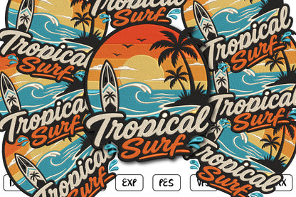 Tropical Surf Embroidery Design, Vintage Surfboard Machine Embroidery Pattern, Tropical Sunset Palm Trees Ocean Waves Surf Embroidery Design