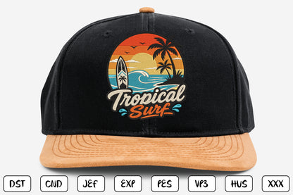 Tropical Surf Embroidery Design, Vintage Surfboard Machine Embroidery Pattern, Tropical Sunset Palm Trees Ocean Waves Surf Embroidery Design