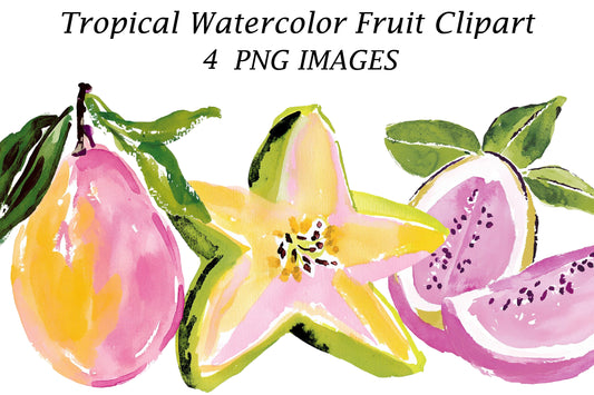 Tropical Watercolor Fruit Clipart | Exotic Summer Fruit PNG Bundle