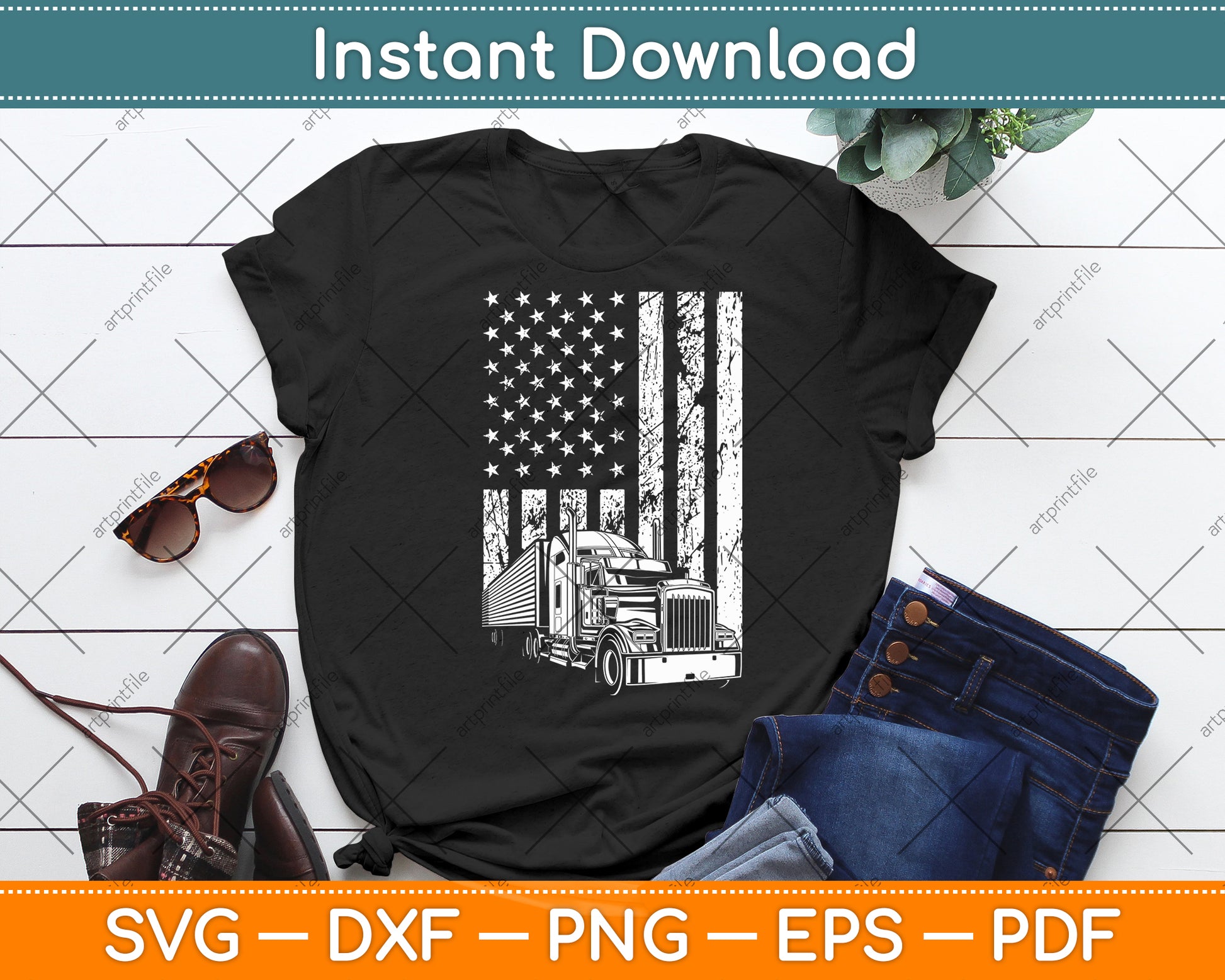 Trucker Dad Semi Truck Driver USA Flag Trucking 4th Of July Svg Digital Cutting File
