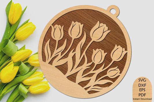 Tulip Flower Round Ornament Laser Cut SVG