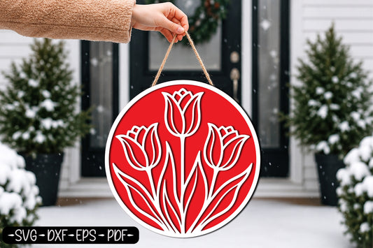 Tulip Round Door Hanger Laser Cut SVG | Floral Spring Door Sign