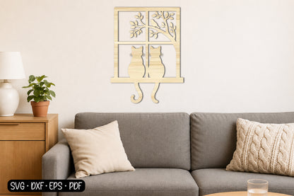 Two Cats Window Wall Art SVG | Cat Window Laser Cut Design