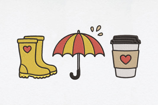 Rainy Day Boots Umbrella Coffee Embroidery