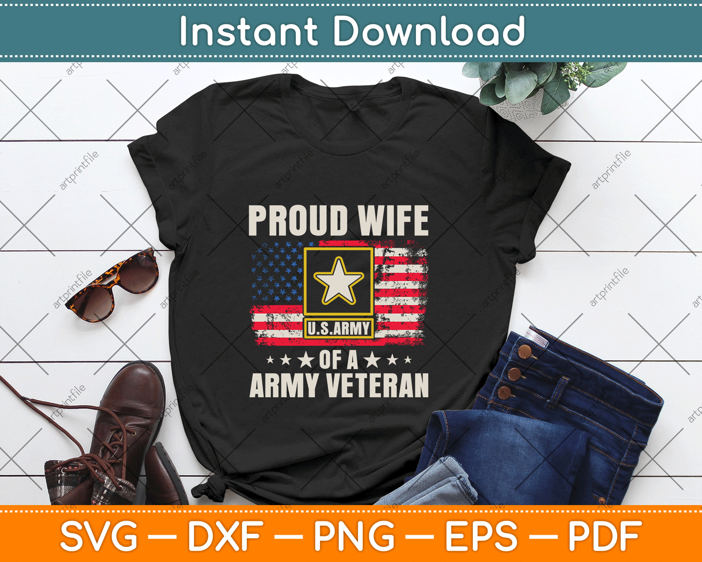 Vintage Proud Wife Of A Army Veteran With American Flag SVG Digital Download