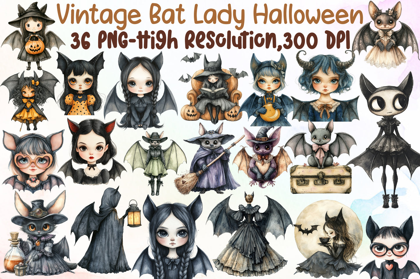 Vintage Bat Lady Halloween Clipart Bundle PNG