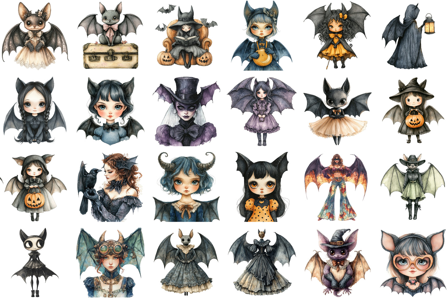 Vintage Bat Lady Halloween Clipart Bundle PNG