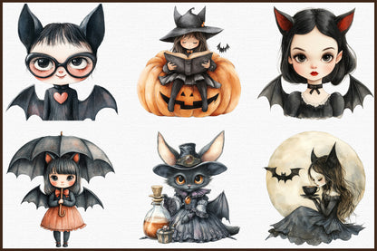 Vintage Bat Lady Halloween Clipart Bundle PNG